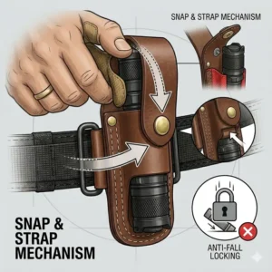Illustration 4: A flashlight belt holster featuring a secure snap-button closure to prevent the light from falling out.