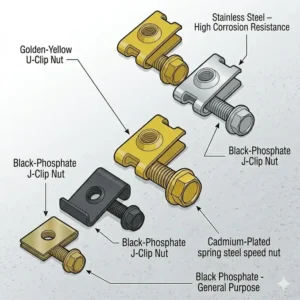 Comparison of various corrosion-resistant materials used in the manufacturing of a metal clip screw.