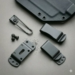 Close-up of a durable stainless steel pocket clip for kydex sheath construction.