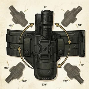 Illustration showing a flashlight holsters with a 360-degree rotating belt clip for hands-free lighting.