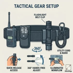 Graphic displaying a tactical gear setup including a radio, multi-tool, and a flashlight belt clip