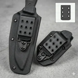 Illustration of a kydex sheath clip with multiple eyelet holes for vertical, horizontal, or scout carry positions.