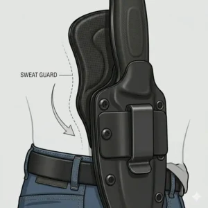 Illustration highlighting the protective sweat guard and rounded edges of a comfortable inside waistband knife sheath.
