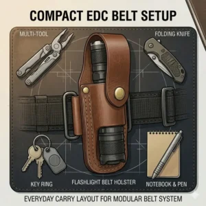 An everyday carry layout featuring a multi-tool and a compact flashlight belt holster on a belt.