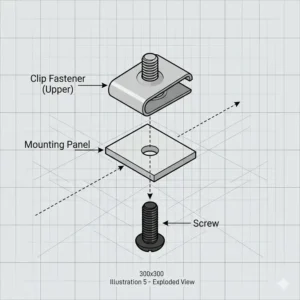 An exploded view assembly showing the mounting panel situated between the screw and the clip screw fastener.