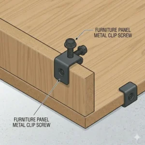 Application of a metal clip screw in furniture assembly for reinforcing wooden panel joints.
