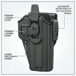Illustration 5: Detailed view of the primary and secondary retention clips on a tactical flashlight holster to prevent gear loss.
