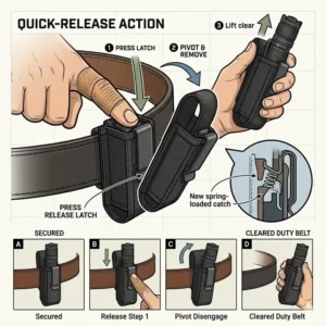 Action steps demonstrating the quick-release mechanism of a flashlight holder belt.