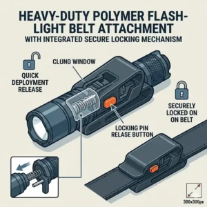 Close-up illustration of the secure locking mechanism on a polymer flashlight belt clip attachment.