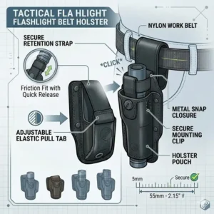 Illustration 5: Illustration of the secure locking strap and elastic retention on tactical flashlight holsters belt gear.