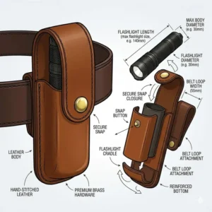 Technical illustration showing the dimensions in a size guide flash light holder.