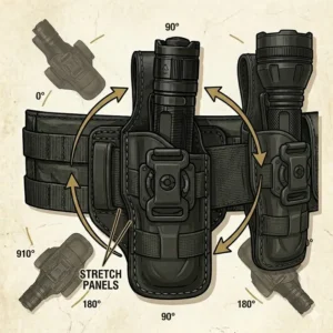 A universal flashlight holsters with elastic side panels to accommodate different flashlight diameters.
