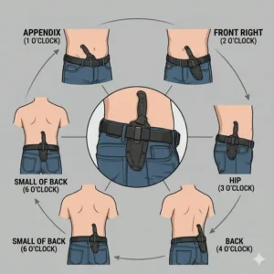 Infographic showing various everyday carry positions for a versatile inside waistband knife sheath.