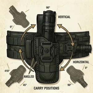 Diagram demonstrating various ways to wear flashlight holsters including vertical, horizontal, and angled positions.