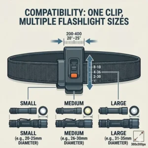 Comparison chart showing a flashlight belt clip compatible with various flashlight diameters and sizes.