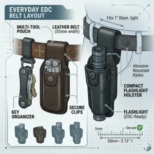 Illustration 6: An everyday carry layout featuring multi-tools alongside compact flashlight holsters belt units.