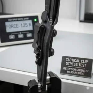 A high-impact tactical kydex sheath clip demonstrating flexible yet secure retention during a stress test.