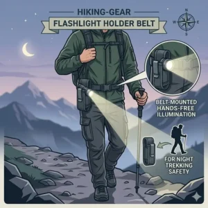 A hiker wearing a flashlight holder belt for safety and path illumination during a night trek.