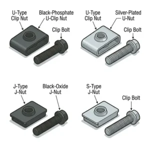Multiple styles of U-type and J-type fasteners including the specialized metal clip screw for different panel thicknesses.