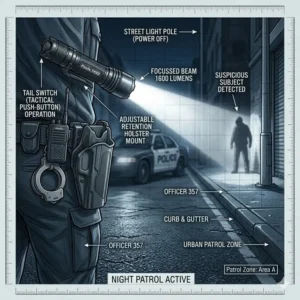 A law enforcement officer on night patrol using a high-lumen police flashlight and holster.