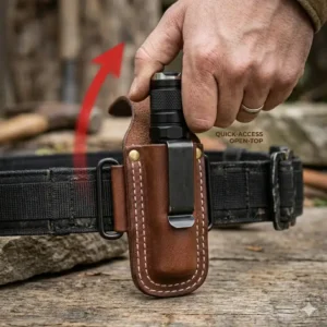 An illustration of a user quickly drawing a light from a quick-access flashlight belt holster.