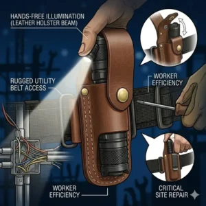 A construction worker using a flashlight belt holster for hands-free illumination on a dark job site.