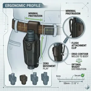 Illustration 7: Side-view diagram showing the low-profile and ergonomic design of flashlight holsters belt attachments.