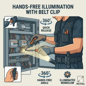 Conceptual drawing of a worker using a flashlight belt clip to provide light while working on an electrical panel.