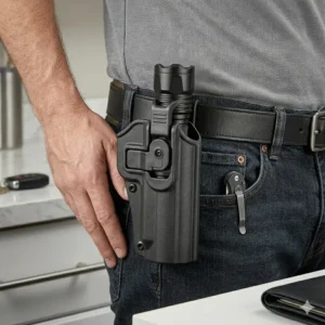 Illustration 7: Low-profile tactical flashlight holster designed for everyday carry and comfortable concealment on a standard belt.