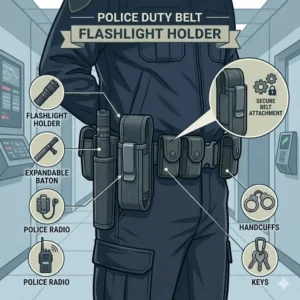 Detailed view of a police officer's duty gear including a secure flashlight holder belt.