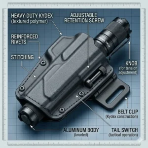 Close-up texture of a heavy-duty Kydex police flashlight and holster focusing on the reinforced stitching.