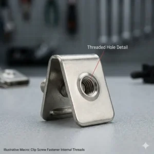 Macro photography highlighting the precision-engineered internal threads of a high-quality stainless steel clip screw fastener.