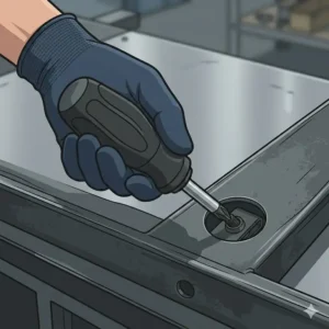 A technician using a hand tool to securely tighten a metal clip screw into a pre-drilled metal mounting hole.