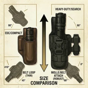 A comparison of a compact EDC flashlight holsters next to a heavy-duty holster for large searchlights.