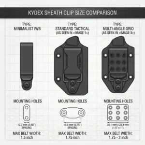 Comparison chart showing various kydex sheath clip sizes and hole spacing for different holster models.