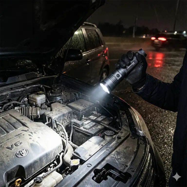 A dynamic photograph of the best car flashlight casting a strong beam on a car engine during a nighttime breakdown.