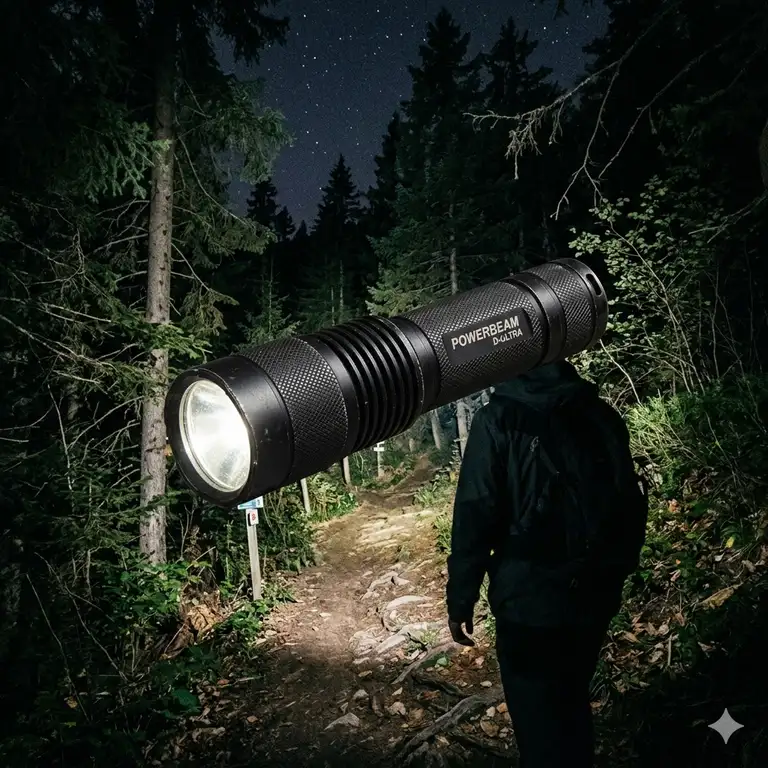 A high-power best d battery flashlight illuminating a dark forest path at night.