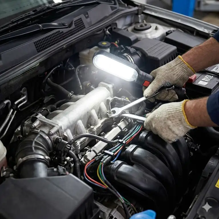 A high-quality best mechanic flashlight illuminating a car engine bay during a professional repair.
