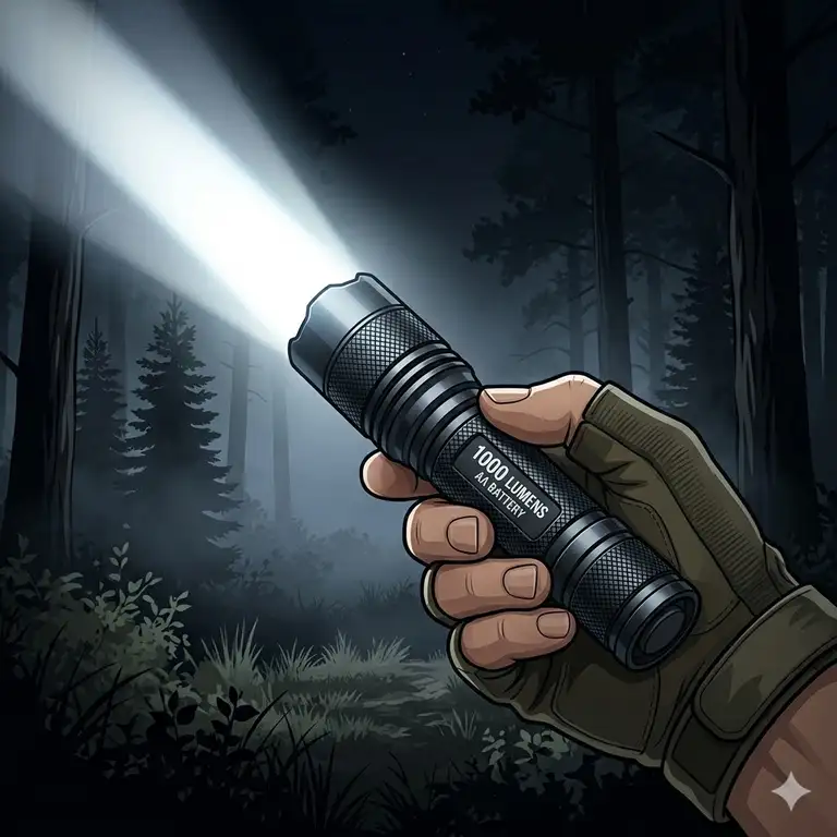 A professional studio shot of the brightest aa flashlight emitting a powerful beam in a dark environment.