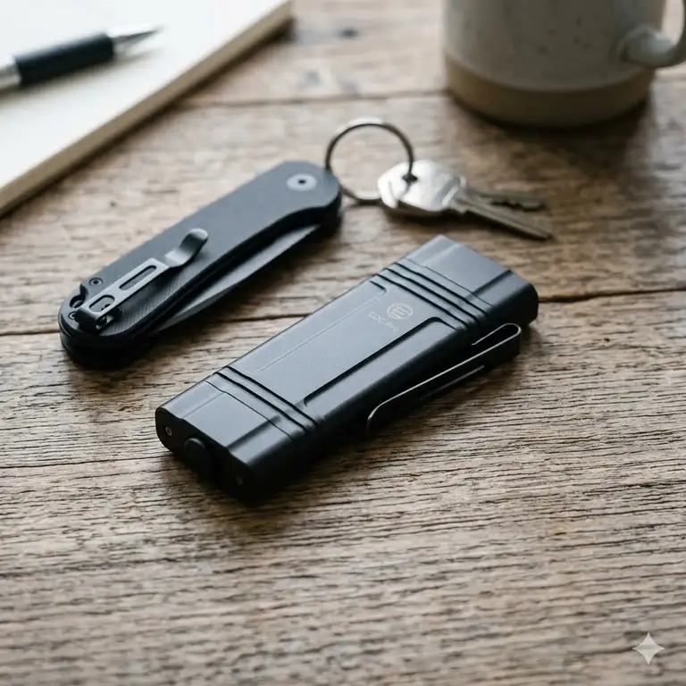 A premium matte black flat edc flashlight placed on a wooden desk with everyday carry gear.