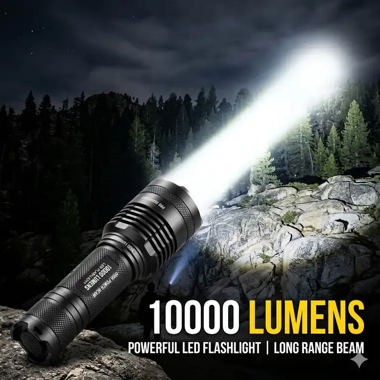 Professional 10000 lumens flashlight casting a powerful long-range beam in the dark.