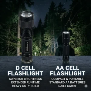 A side-by-side size comparison of the best d battery flashlight versus a small AA flashlight.