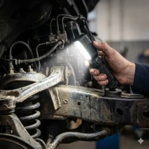 The best mechanic flashlight with a strong magnetic base attached to a metal frame for hands-free work.