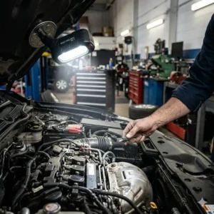 A magnetic hands-free best mechanics torch attached to a vehicle hood for overhead lighting.