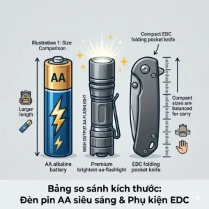 Size comparison showing the brightest aa battery flashlight next to a standard AA battery and an EDC pocket knife.