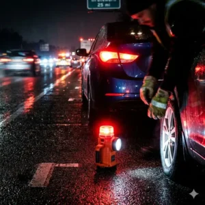 A hands-free best car flashlight with a magnetic base stuck to the car hood, illuminating the engine bay for repairs.