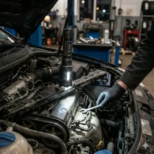 A heavy duty mechanic flashlight with a magnetic base attached to a car frame.