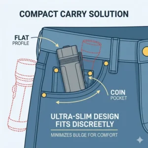 Diagram showing how a slim flat edc flashlight fits perfectly in a small coin pocket.