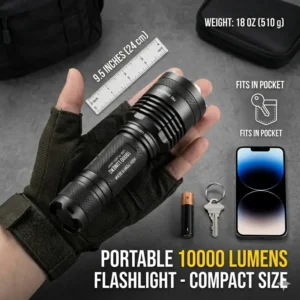 Handheld 10000 lumens flashlight showing compact size and ergonomic grip for easy carry.