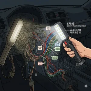 An illustration of the best mechanic flashlight with high CRI showing accurate wire colors in a vehicle dashboard.